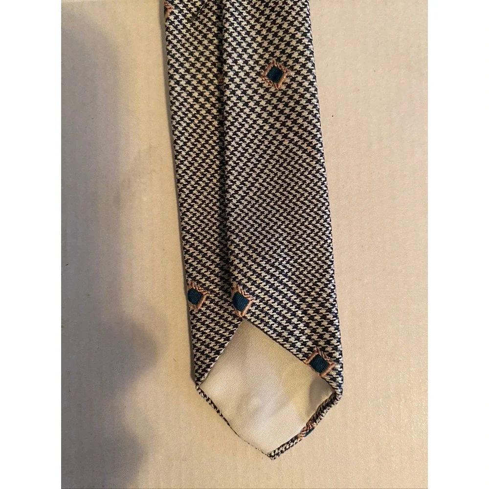 Countess Mara Mens Tie Black White Micro Pattern Teal Diamond Logo Silk Necktie